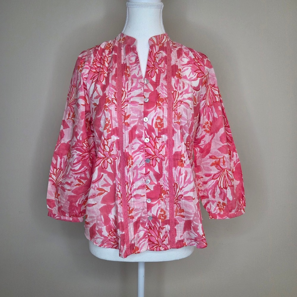 Fabindia Pink Floral Hand Block Print Cotton Pintuck Blouse NWT‎ Size S